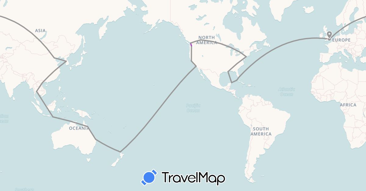 TravelMap itinerary: plane, train in Australia, Canada, China, Cuba, United Kingdom, Indonesia, South Korea, Mexico, New Zealand, Thailand, United States, Vietnam (Asia, Europe, North America, Oceania)